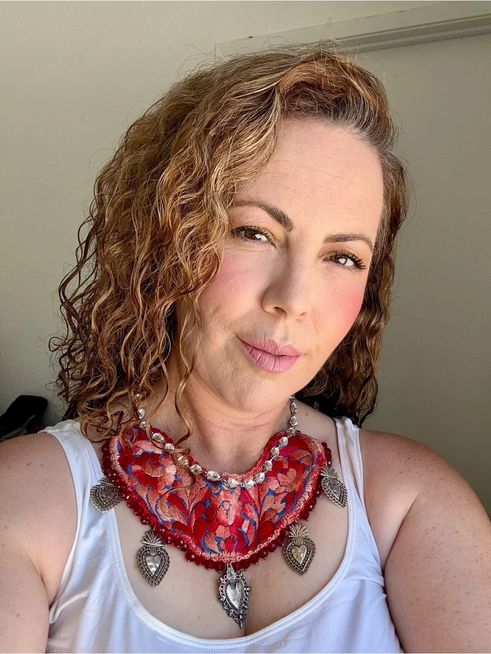 Beaded red Statement hand embroidered necklace